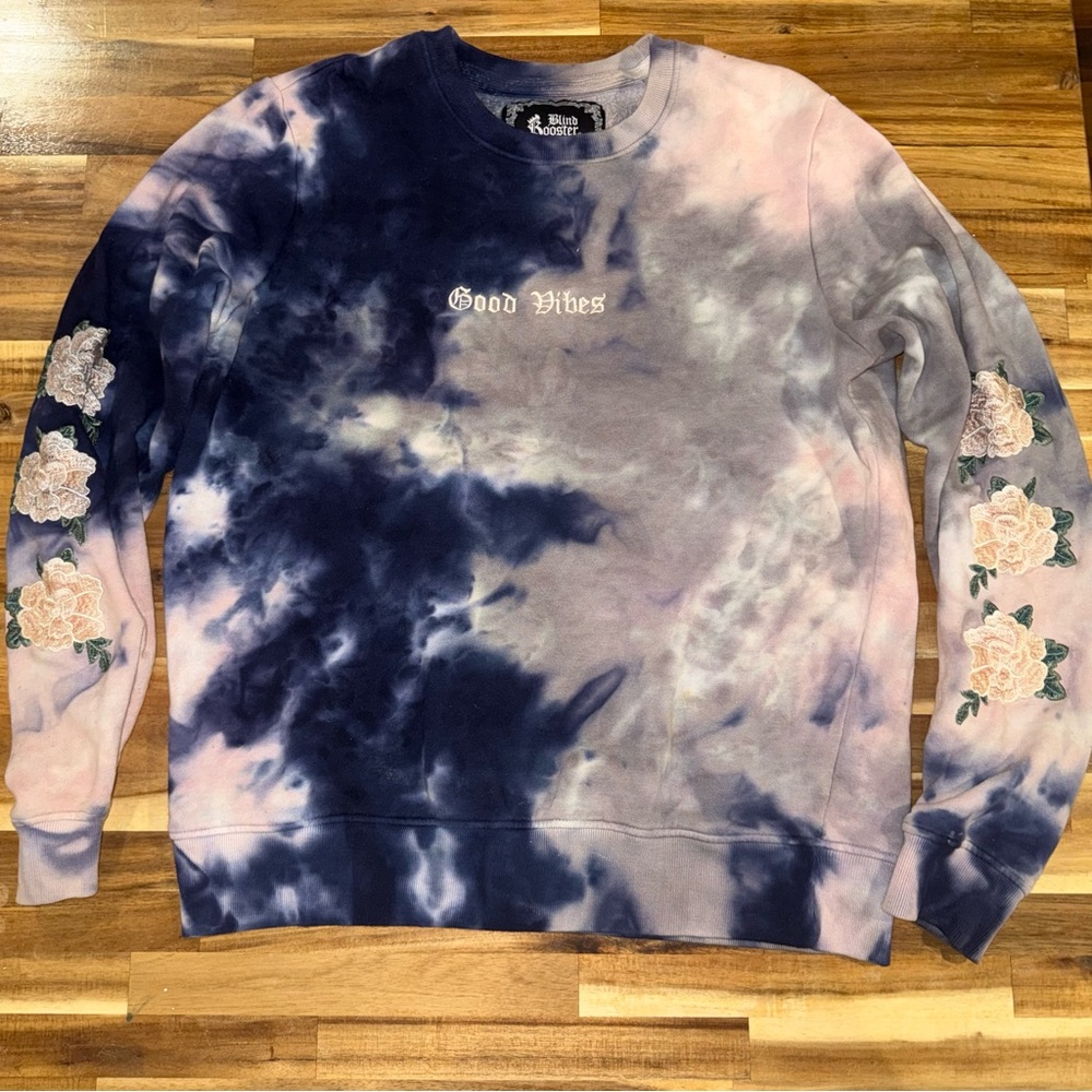 Tie-Dye Blind Rooster ‘Good Vibes’ Embroidered Floral Sleeves Sweater